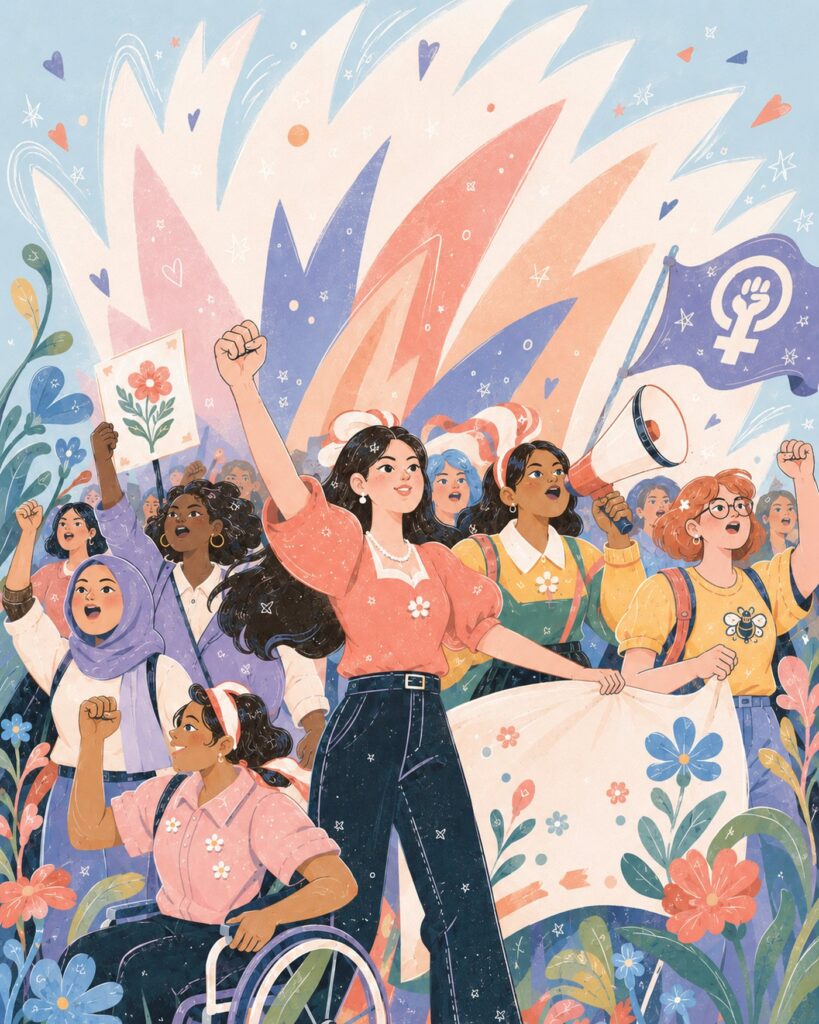 Ilustrasi: perempuan mengangkat kepalan dalam aksi