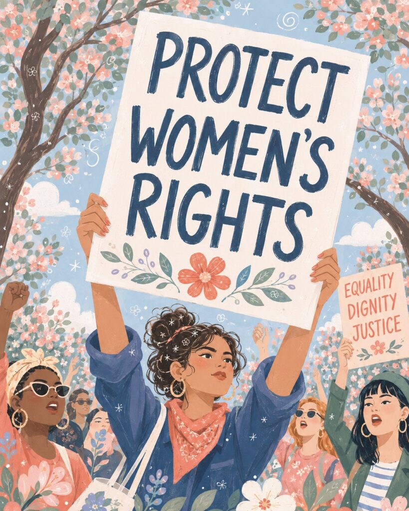 Ilustrasi: perempuan mengangkat poster Protect Women's Rights