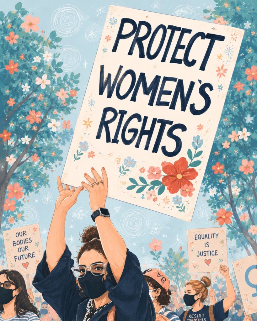 Ilustrasi: massa aksi mengangkat poster hak perempuan