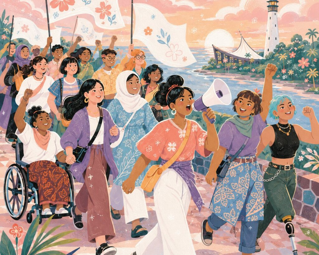 Ilustrasi: pawai perempuan di tepi pantai
