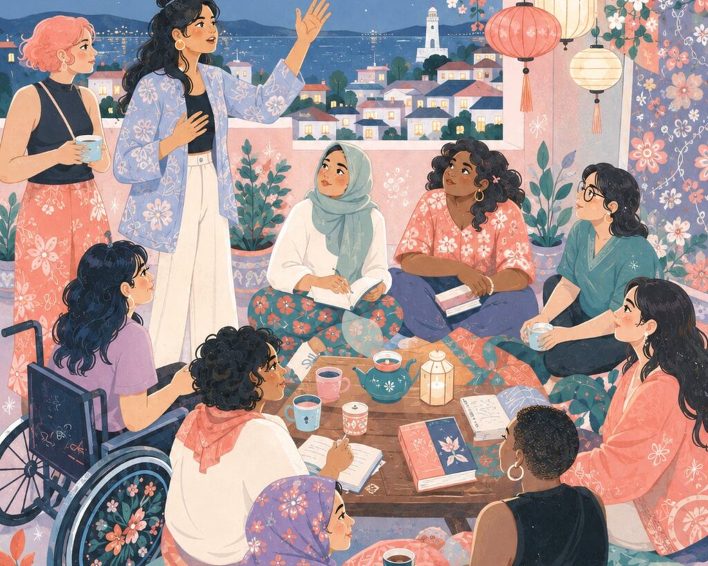Ilustrasi: lingkar diskusi perempuan di atap pada malam hari